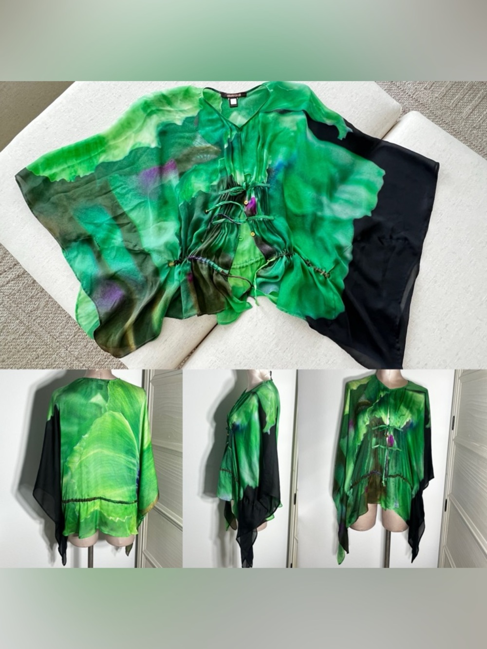 Roberto Cavalli Green Watercolor Green Silk Batwing Women’s Blouse Top Sz One Sz - Picture 3 of 17